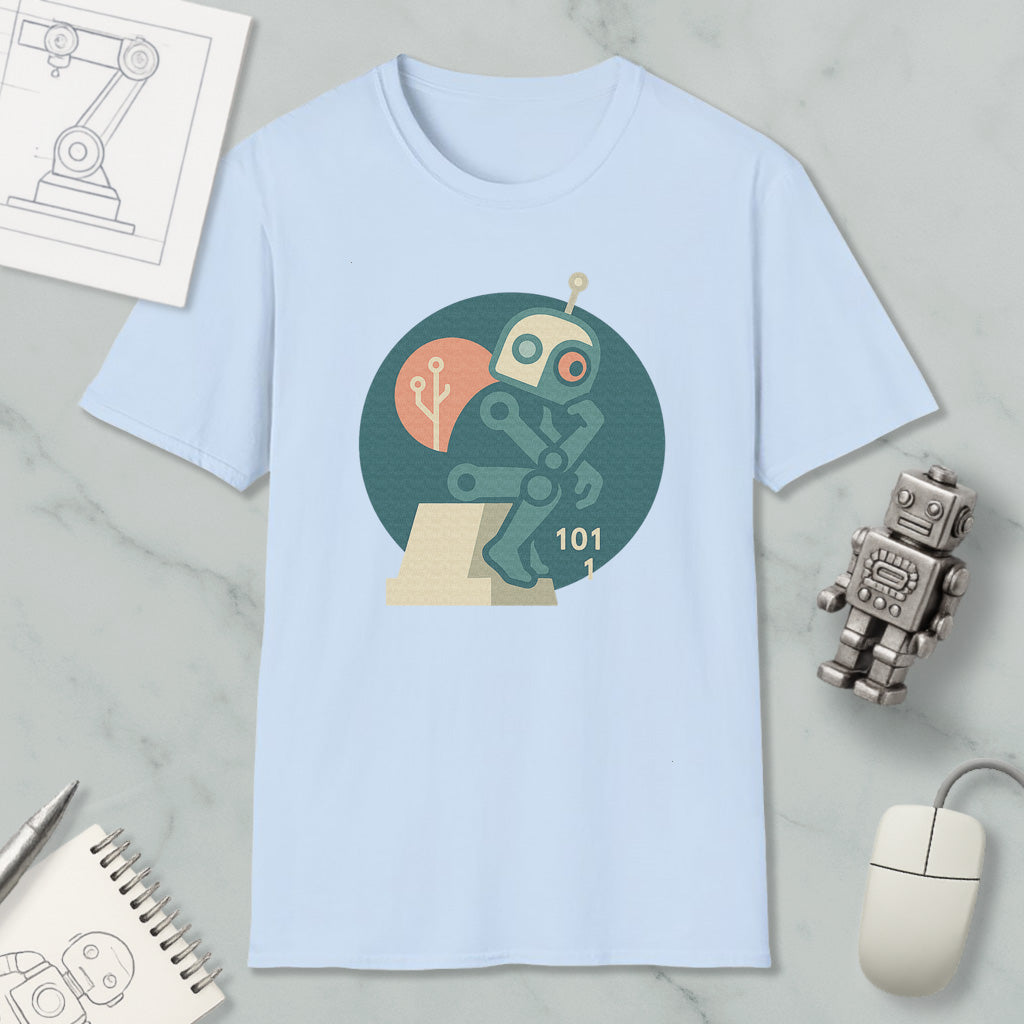 a light blue t-shirt with a graphic design of a robot, a computer mouse, and a notebook, all placed on a marble surface.