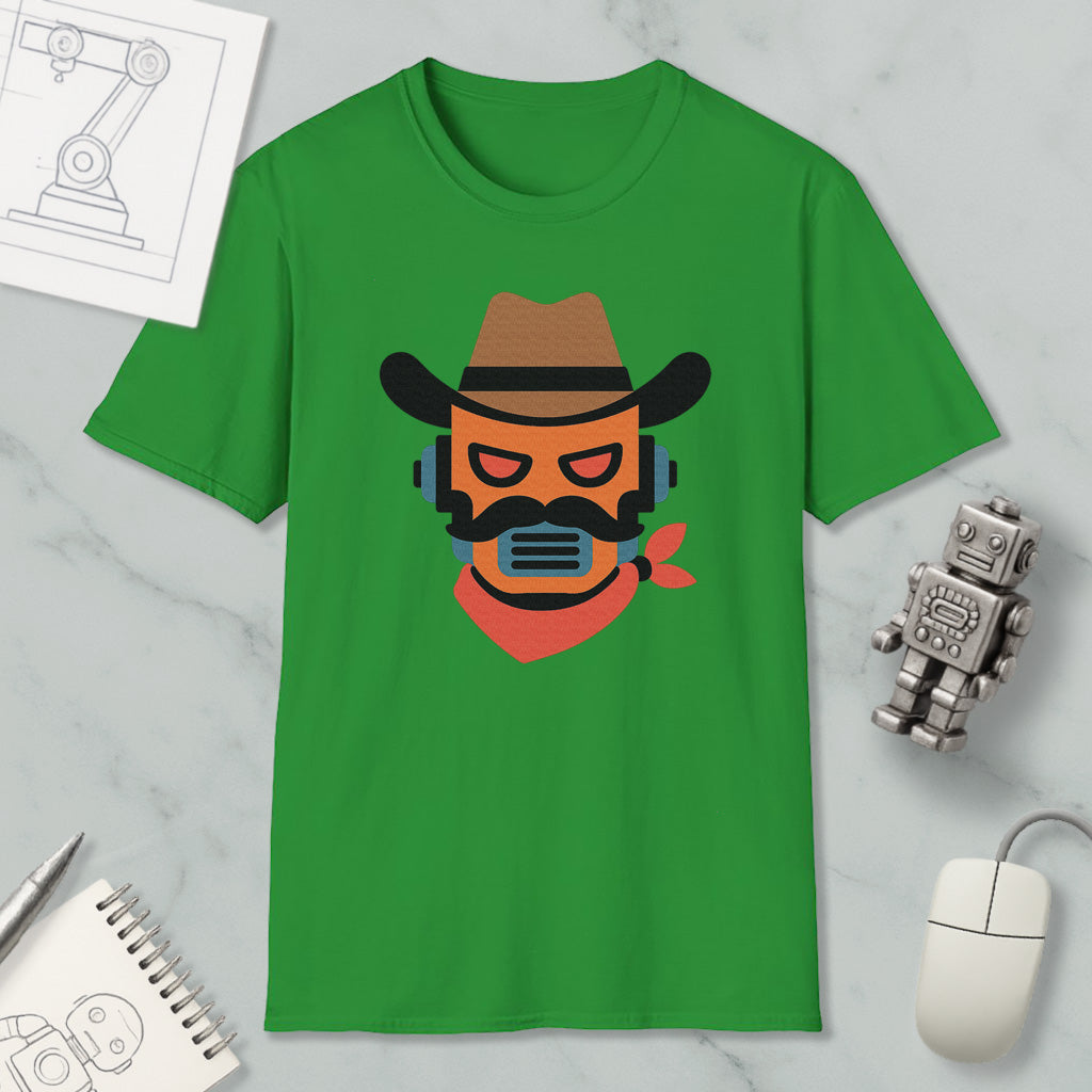 a green t-shirt with a graphic design of a cowboy hat and a robot face, along with various objects such as a mouse, a notebook, and a robot.