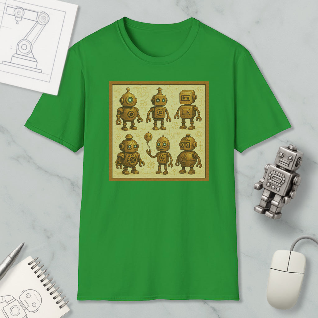 a green t-shirt with a square design of six cartoon-like robots, each with unique features and poses. The t-shirt is displayed on a marble surface, along with a computer mouse, a notepad, and a pen.
