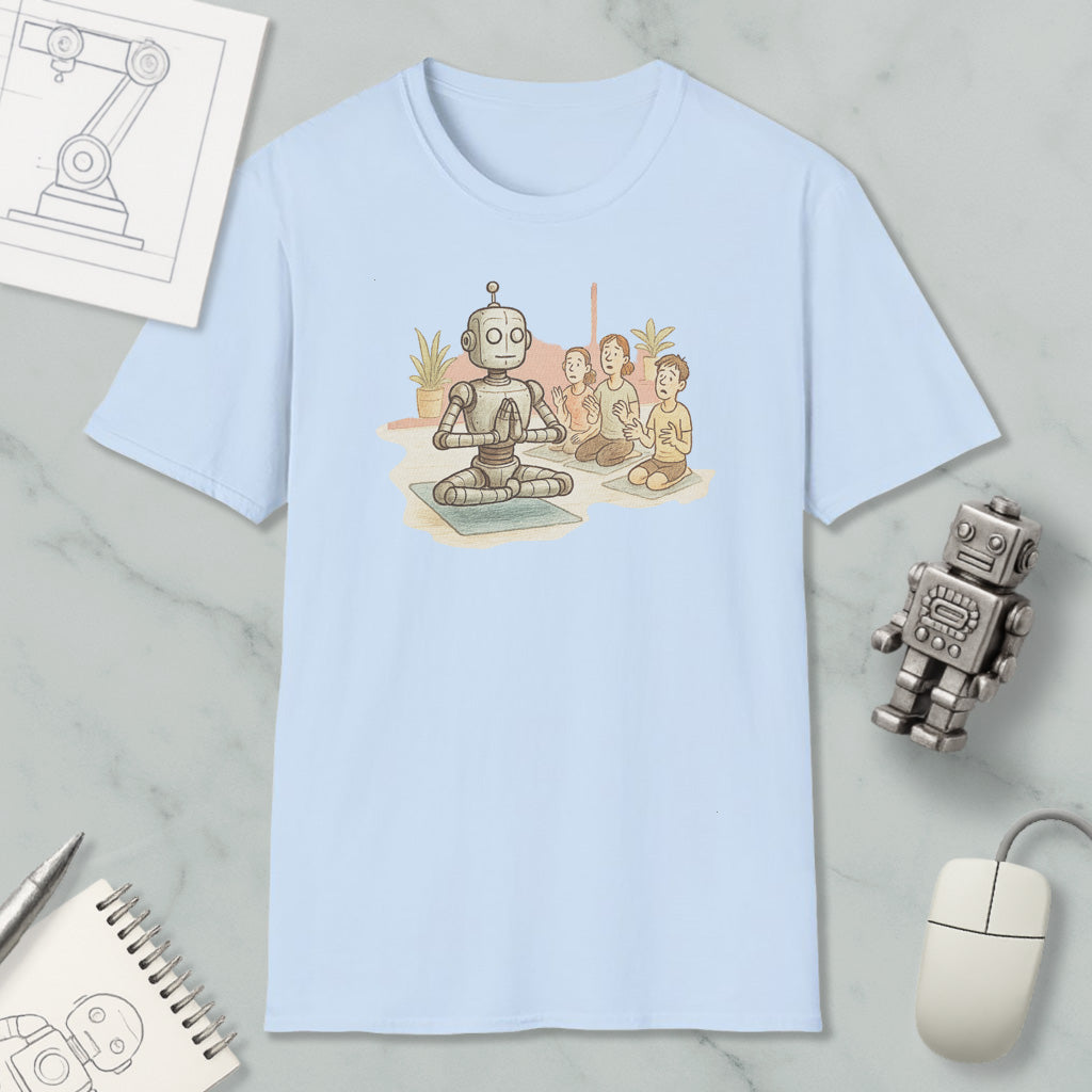 A light blue t-shirt with an illustration of a robot sitting in a meditative pose, surrounded by three people, on a marble surface.