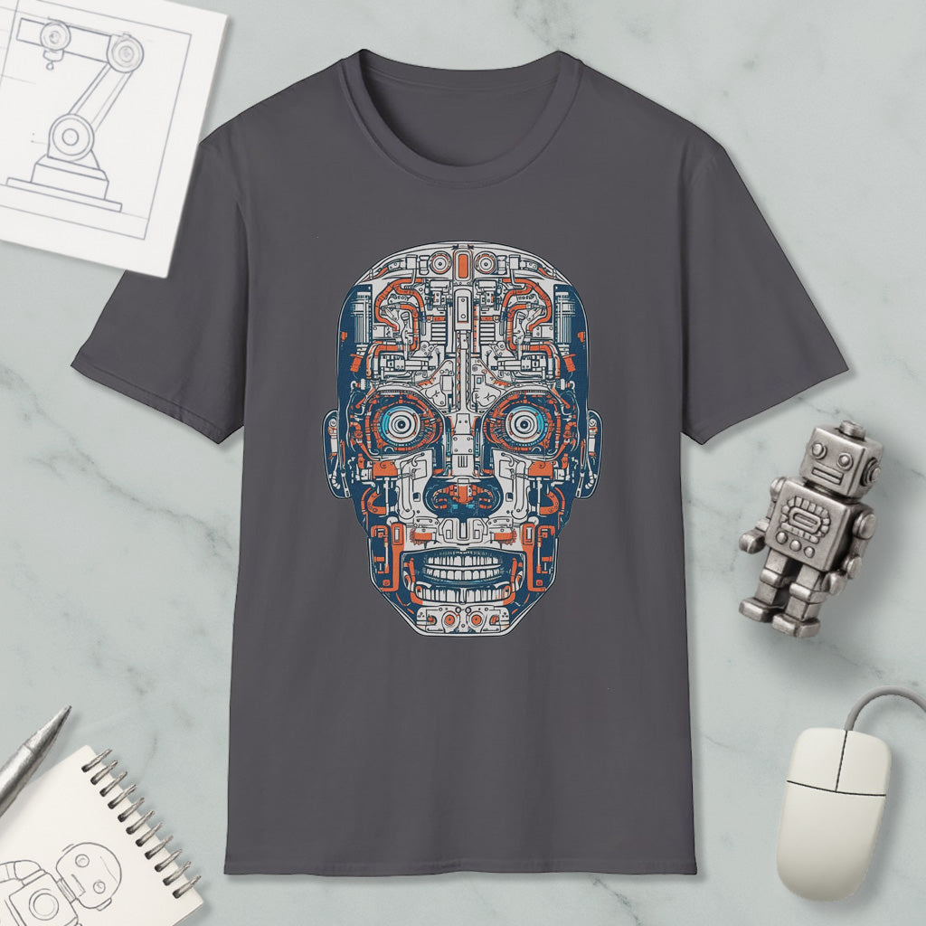 a gray t-shirt with a colorful, intricate design of a robot or machine-like face, surrounded by various objects such as a computer mouse, a notebook, and a pen.