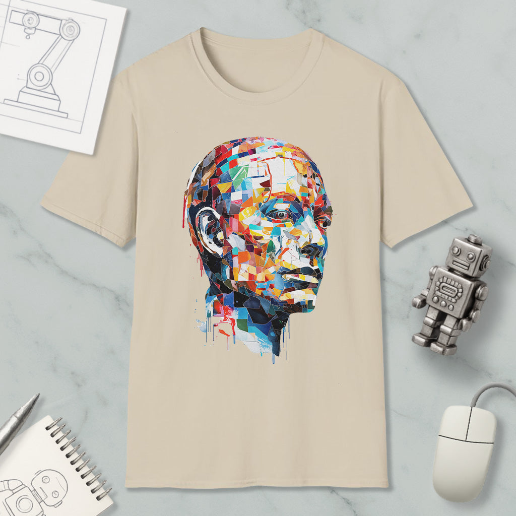 a beige t-shirt with a colorful, abstract portrait of a man's face printed on it, along with various objects such as a computer mouse, a robot, and a notebook.