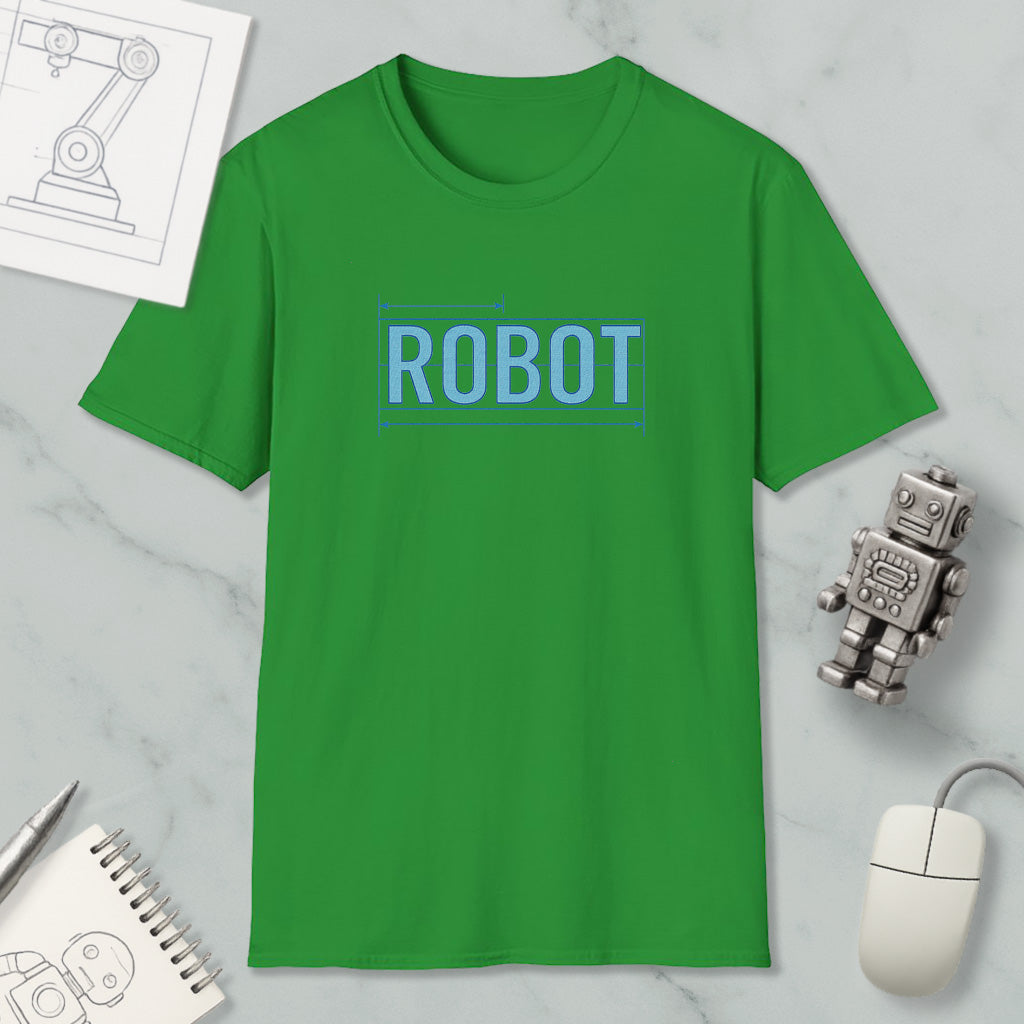 a green t-shirt with the word "ROBOT" printed on it, along with a small robot figurine and a computer mouse.