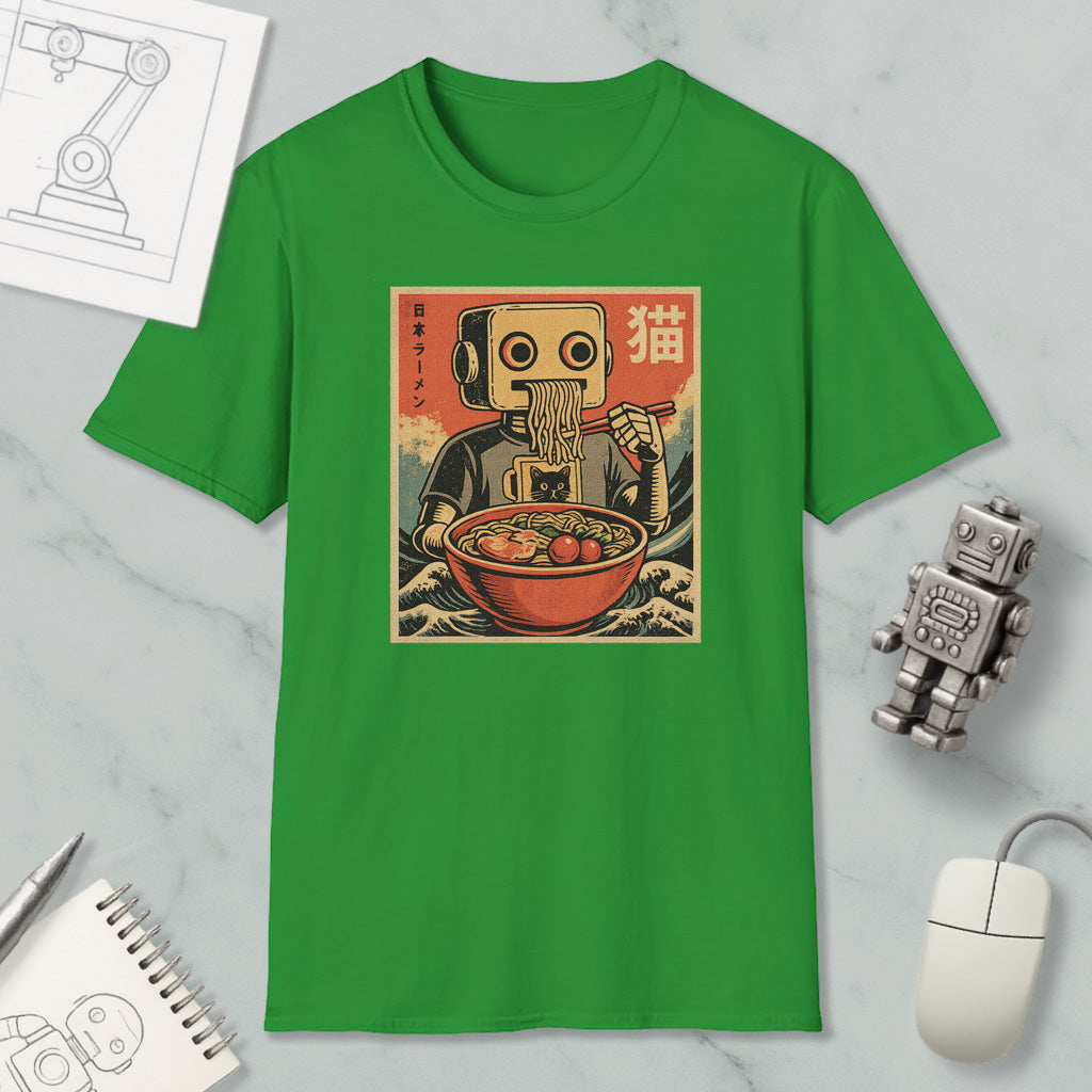 a green t-shirt with a graphic design depicting a robot eating noodles, surrounded by various objects such as a computer mouse, a notebook, and a robot figurine.