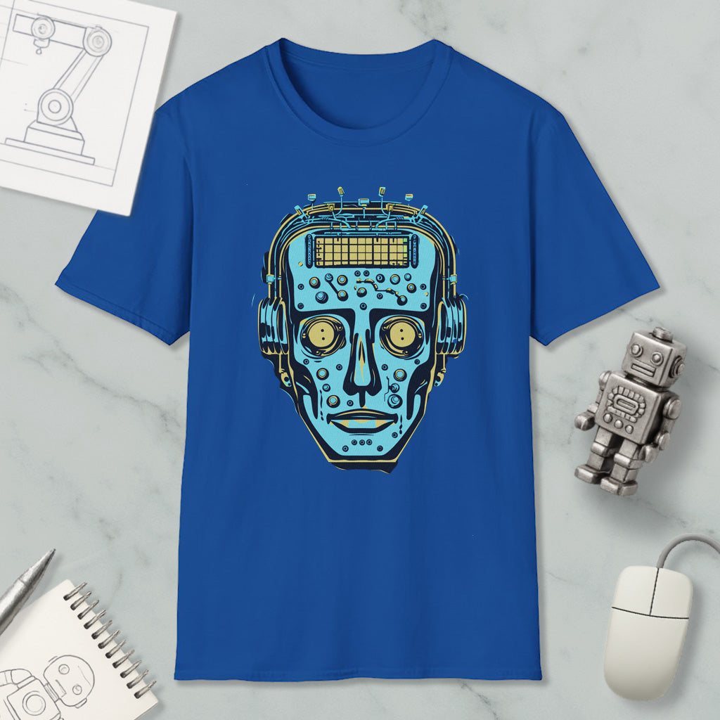 a blue t-shirt with a graphic design of a robot or humanoid face, along with various objects such as a computer mouse, a notebook, and a pen.