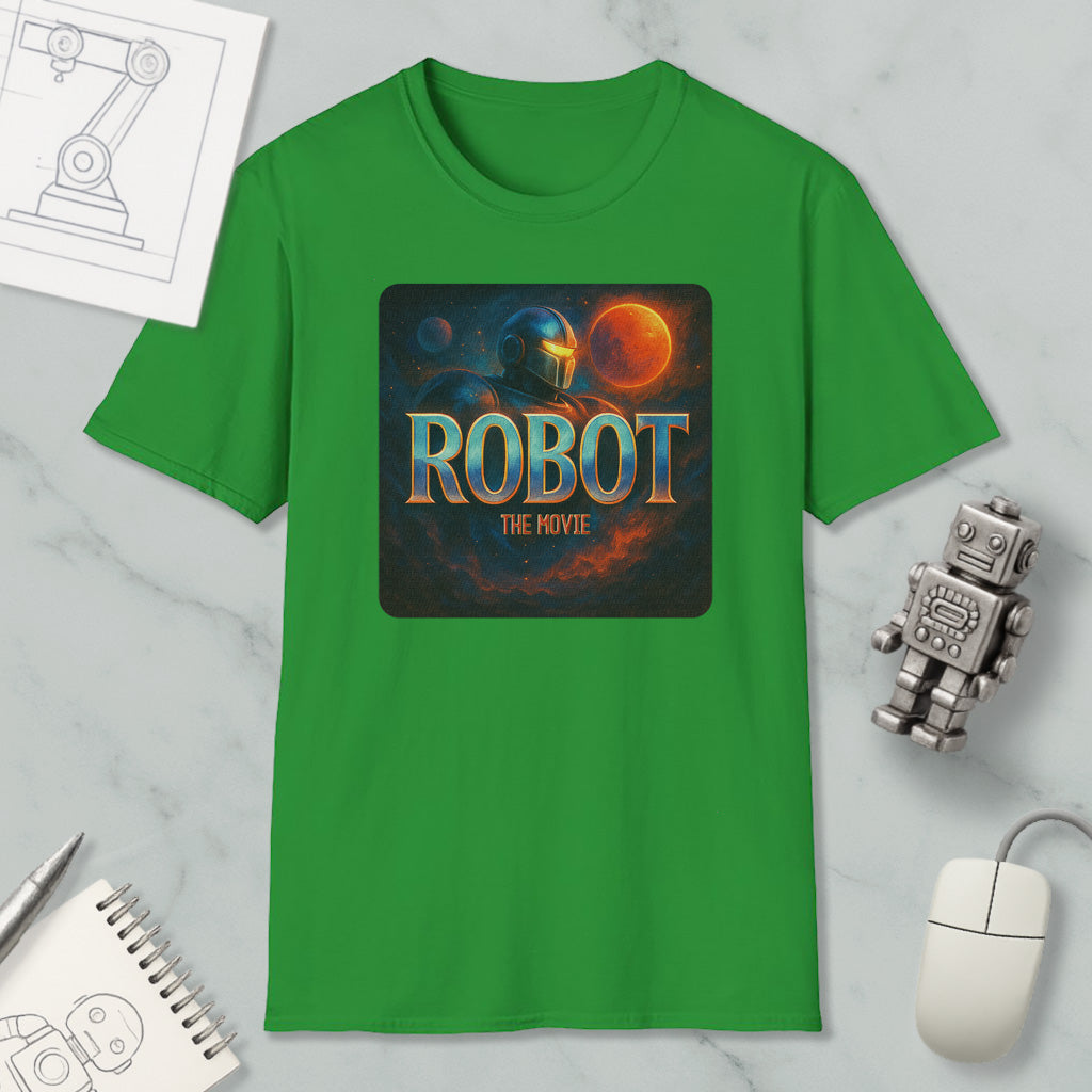 a green t-shirt with a graphic design depicting a robot and a space scene, along with the text "ROBOT THE MOVIE".