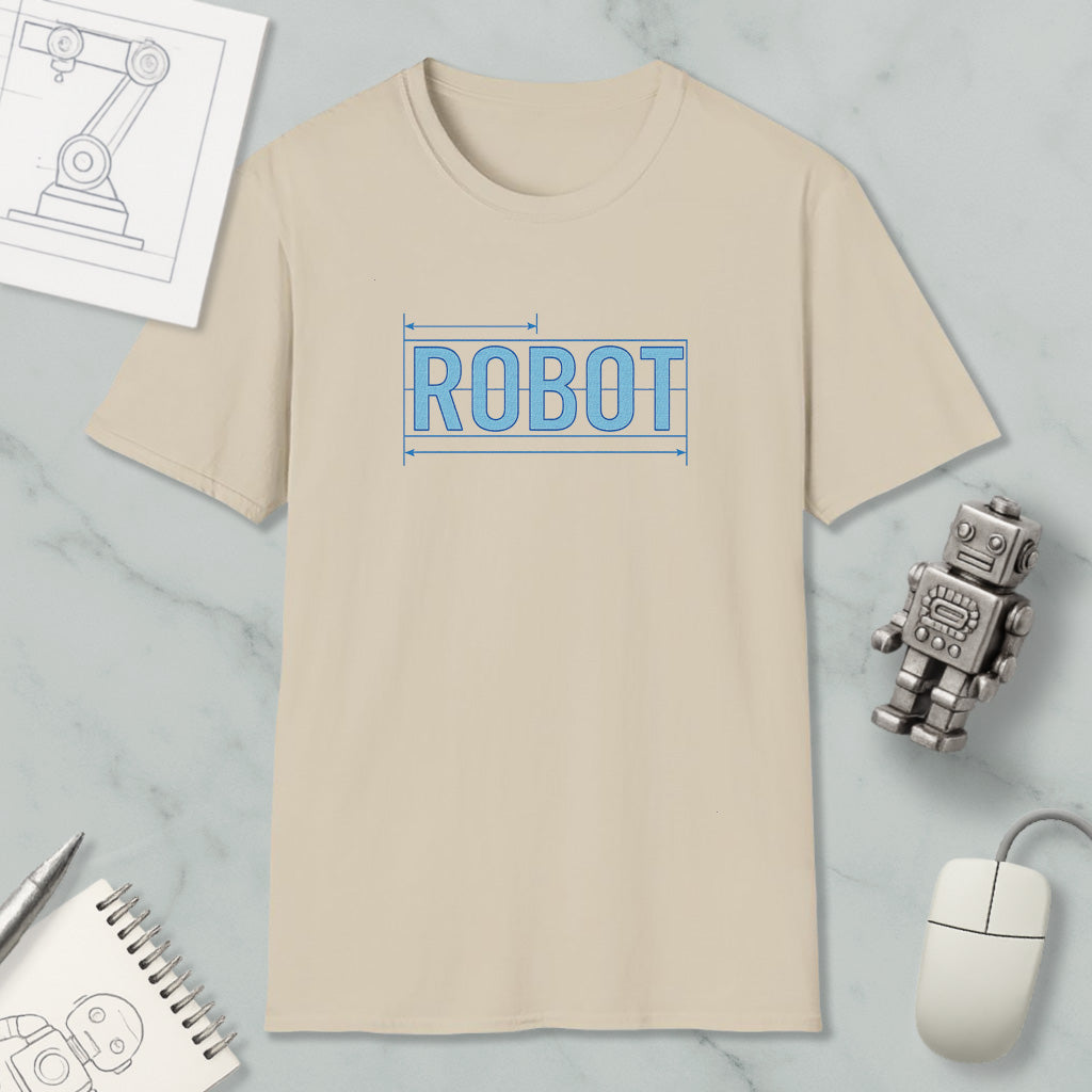 a beige t-shirt with the word "ROBOT" printed on it, along with a small robot toy and some technical drawings or sketches.