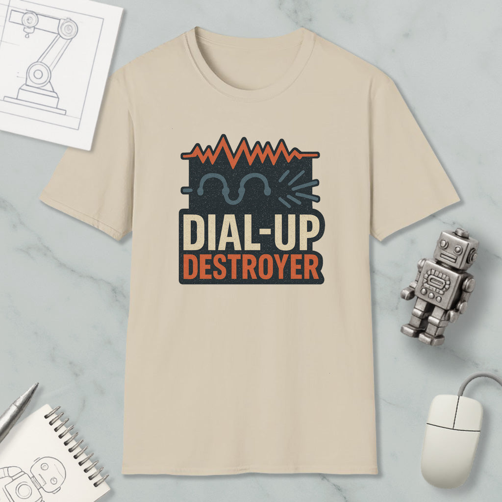 a beige t-shirt with a graphic design, a computer mouse, a robot, and some papers on a marble surface.