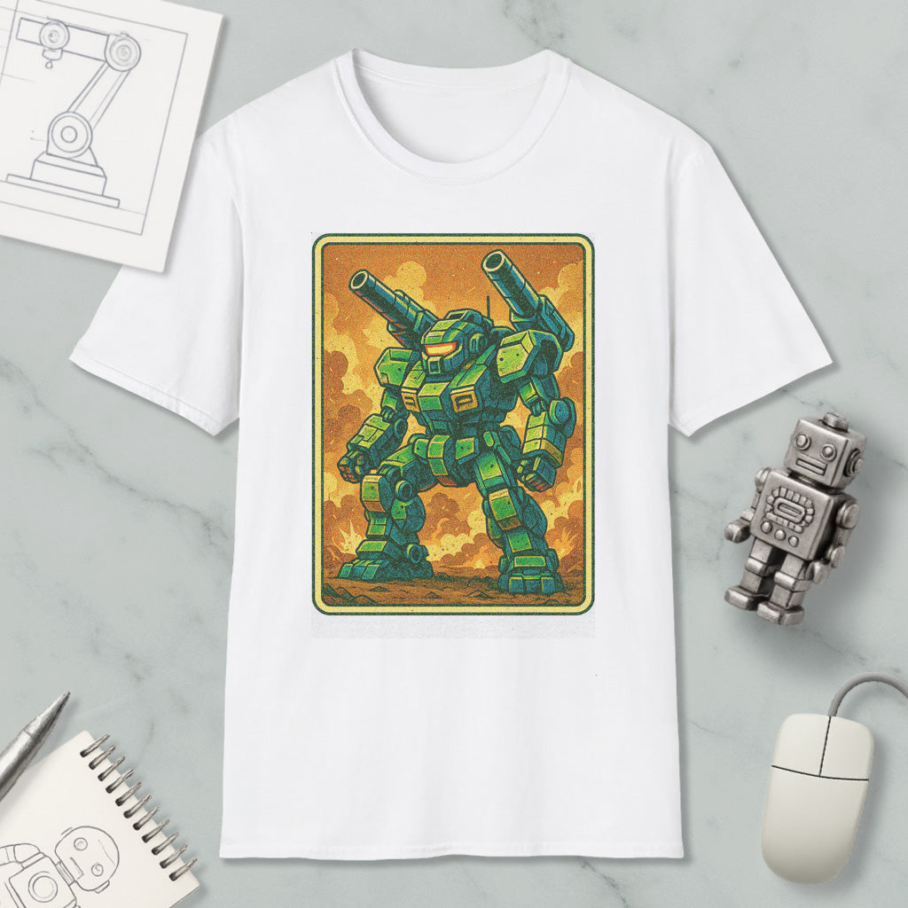 a white t-shirt with a graphic of a green robot or mechanical figure, along with various objects such as a computer mouse, a notebook, and a pen.