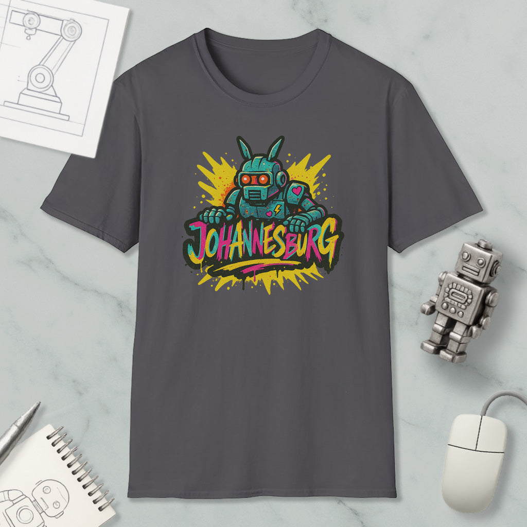 a gray t-shirt with a colorful graphic design, including a robot and the text "Johannesburg". The t-shirt is placed on a marble surface, along with a computer mouse, a notebook, and a small robot figurine.