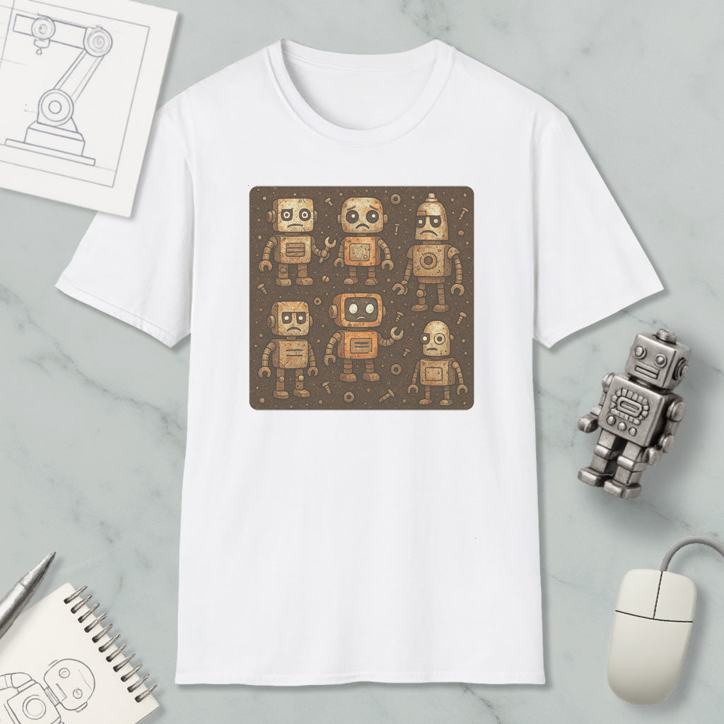 a white t-shirt with a square graphic design of six robot characters on it, along with a computer mouse and a notebook.