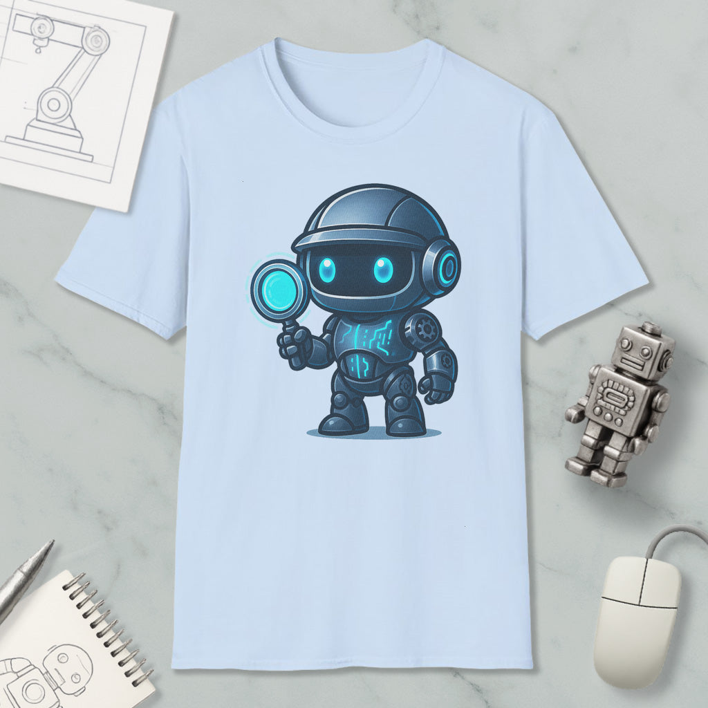 a light blue t-shirt with a cartoon robot design, along with various objects such as a computer mouse, a notebook, and a pen.