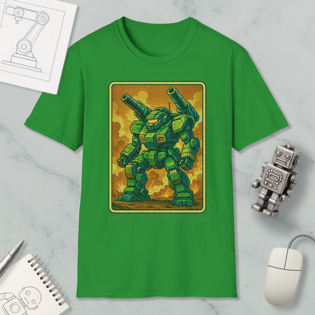 a green t-shirt with a graphic of a green robot or mechanical figure, along with a computer mouse and other office supplies.