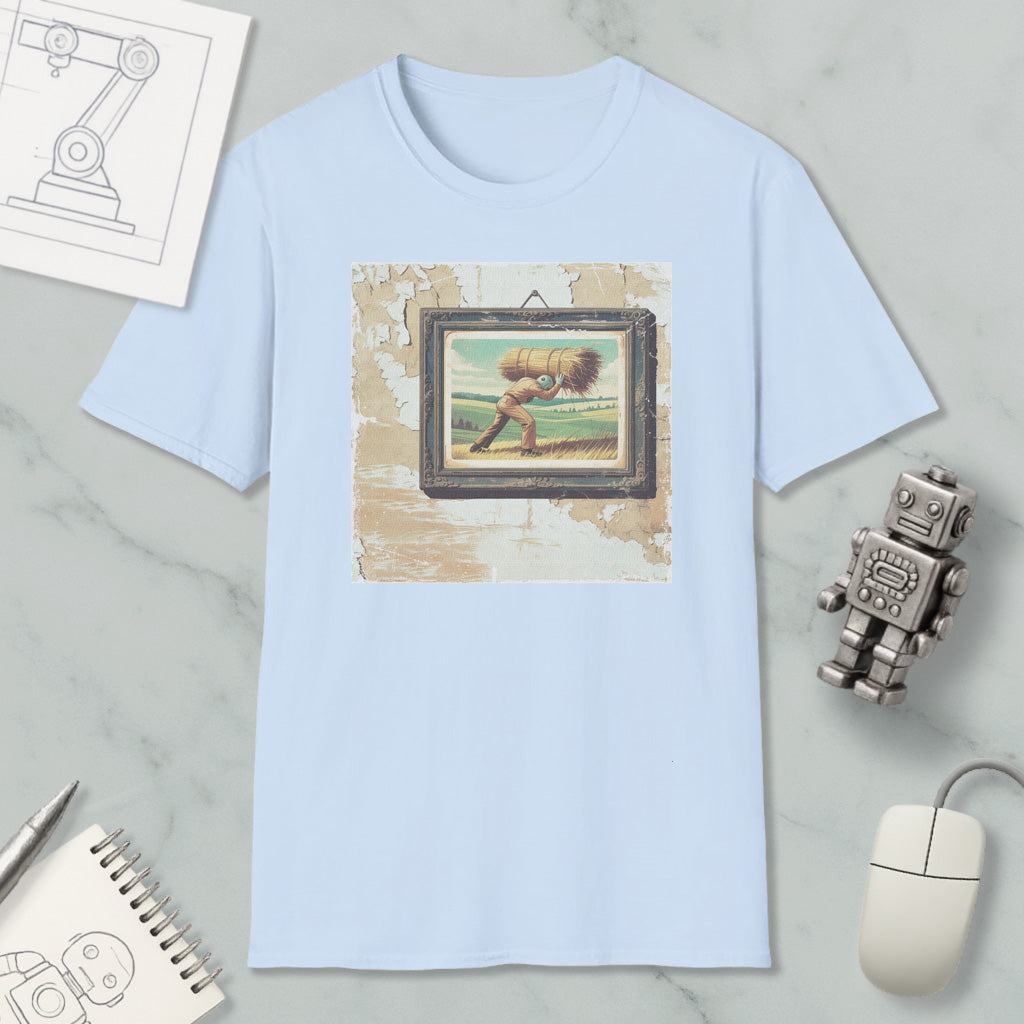 a light blue t-shirt with a framed painting of a man carrying a large bundle on his back, surrounded by various objects such as a computer mouse, a robot, and a notebook.