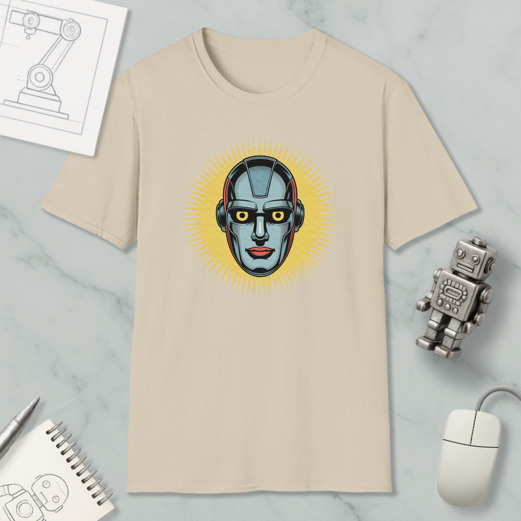 a beige t-shirt with a graphic design of a robot's face, surrounded by various objects such as a computer mouse, a notebook, and a robot figurine.