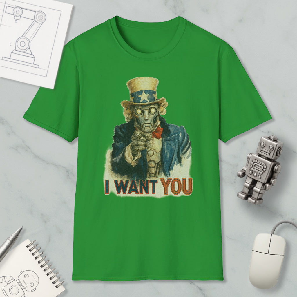 a green t-shirt with a graphic of a character wearing a top hat and holding a sign that says "I WANT YOU". The t-shirt is displayed on a marble surface, along with a computer mouse, a pen, and a notebook.