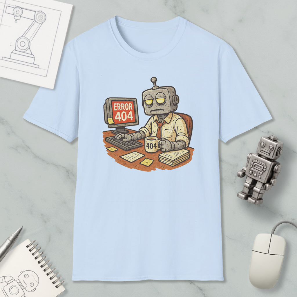 a light blue t-shirt with a cartoon robot sitting at a desk, working on a computer, and displaying an error message that reads "ERROR 404". The t-shirt is surrounded by various objects, including a computer mouse, a pen, a notebook, and a small robot figurine.