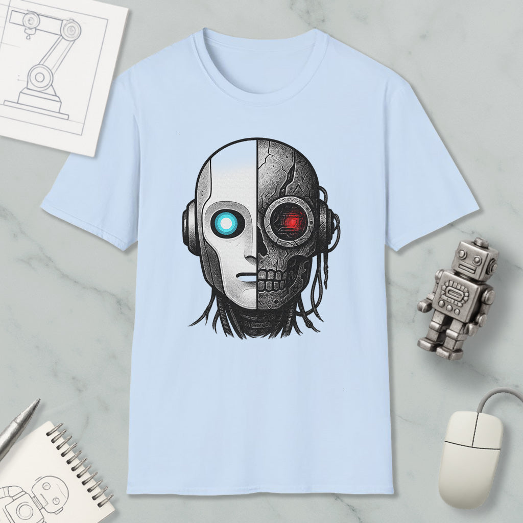 a light blue t-shirt with a graphic design depicting a robot or cyborg head with a skull-like face, surrounded by various objects such as a computer mouse, a notebook, and a robot toy.