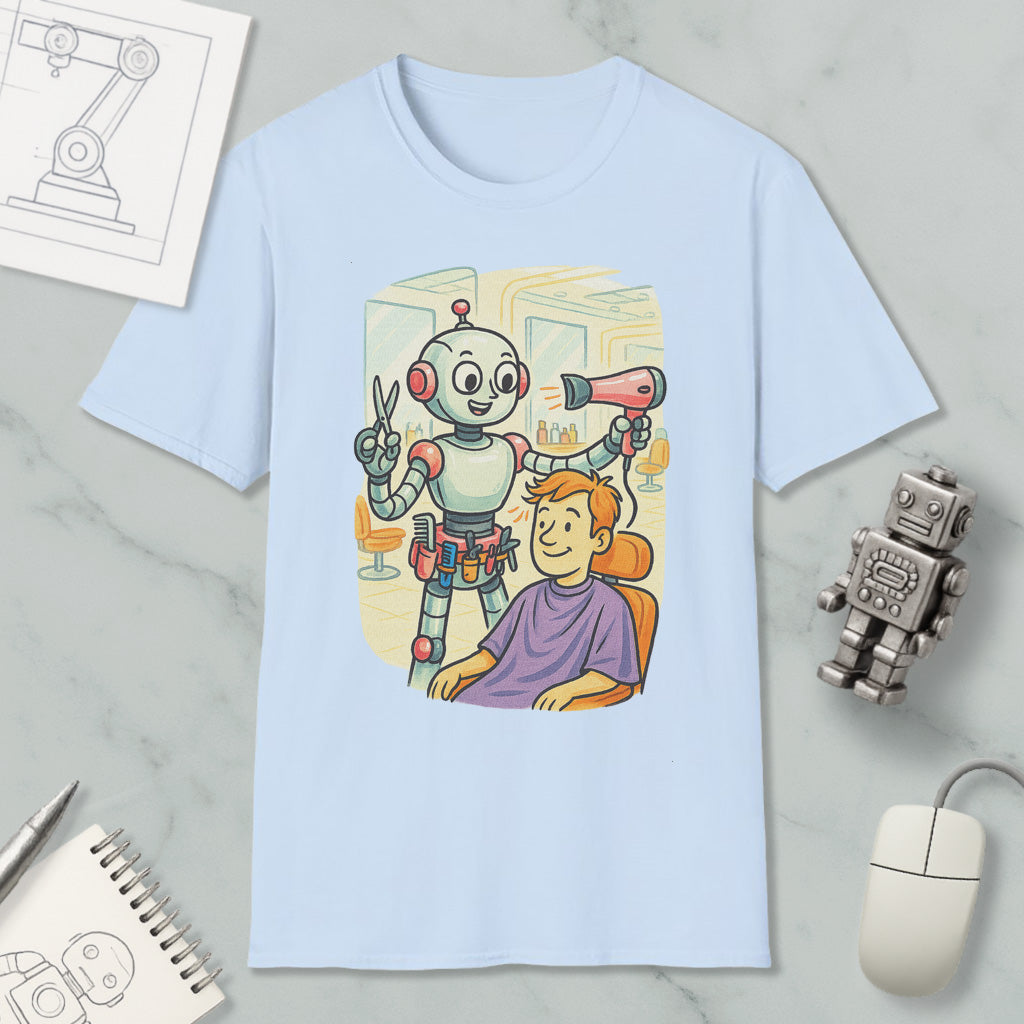 A light blue t-shirt with an illustration of a robot giving a haircut to a person, accompanied by a robot toy and a computer mouse.