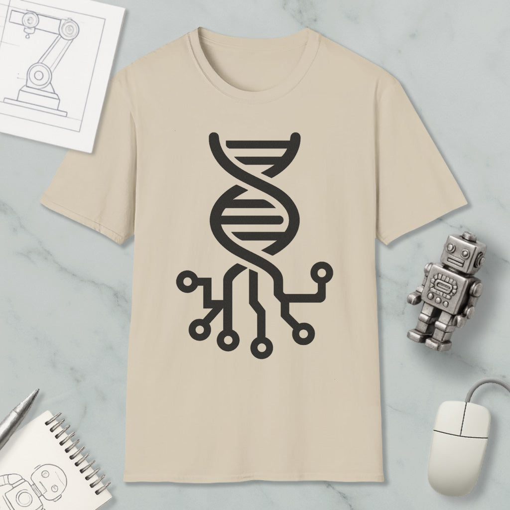 a beige t-shirt with a black graphic design depicting a DNA double helix, surrounded by various objects such as a computer mouse, a notebook, and a robot.