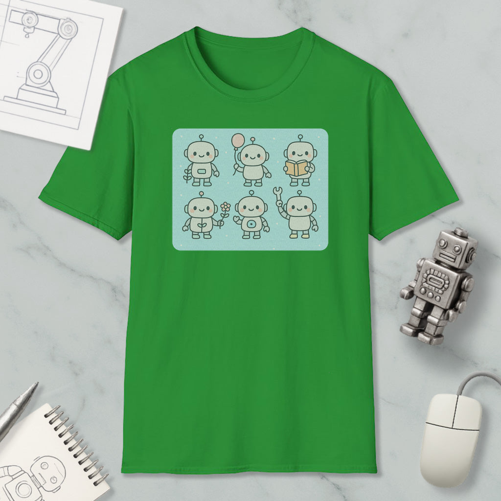 a green t-shirt with a graphic of six cartoon robots, along with a computer mouse, a notebook, and a pen on a marble surface.