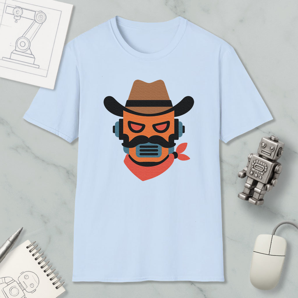 a light blue t-shirt with a graphic design of a cowboy hat and a red bandana, along with a computer mouse and a robot figurine.
