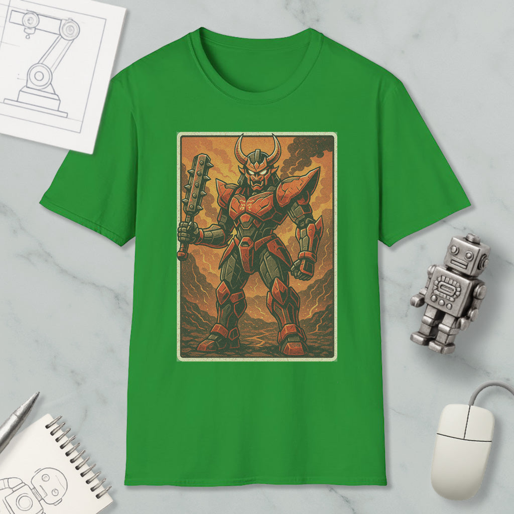 a green t-shirt with a graphic of a robot or warrior figure, along with various objects such as a computer mouse, a notebook, and a robot figurine.