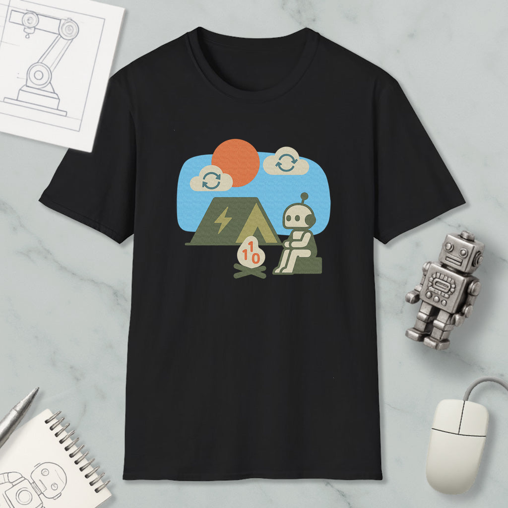 a black t-shirt with a graphic design depicting a robot sitting next to a tent, with a small robot figurine nearby. The t-shirt is displayed on a marble surface, along with a notebook, a pen, and a computer mouse.