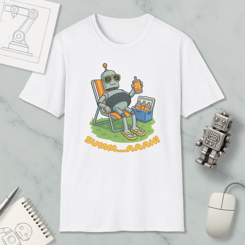 a white t-shirt with a cartoon robot sitting in a chair and holding a drink, accompanied by the text "SUMM...AAAH!"