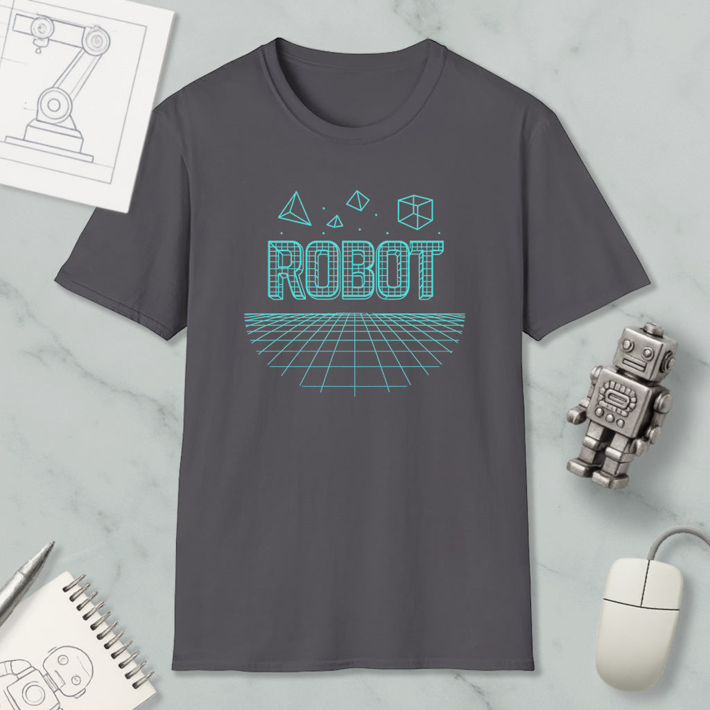 a gray t-shirt with a graphic design of a robot and geometric shapes, along with a computer mouse and a notebook.