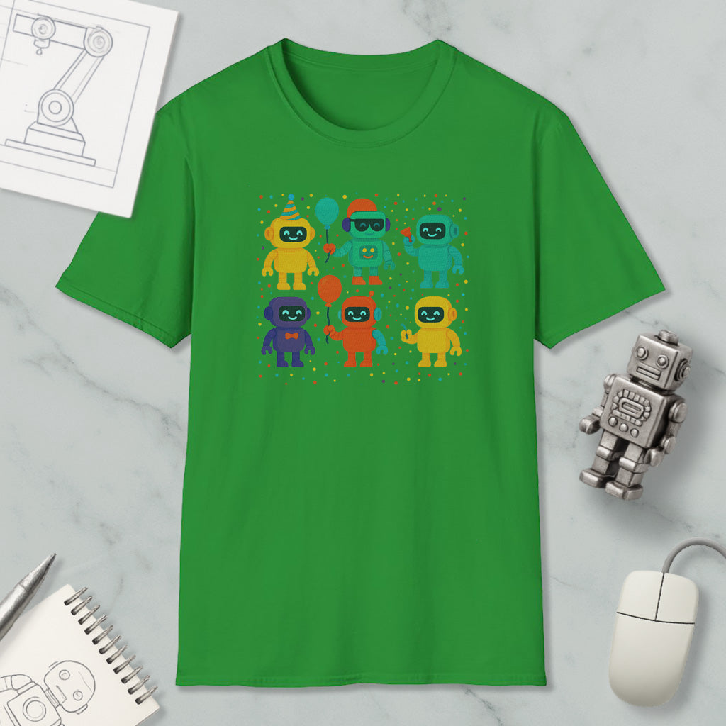 a green t-shirt with a colorful graphic of seven cartoon-like robots, along with a computer mouse and other office supplies.