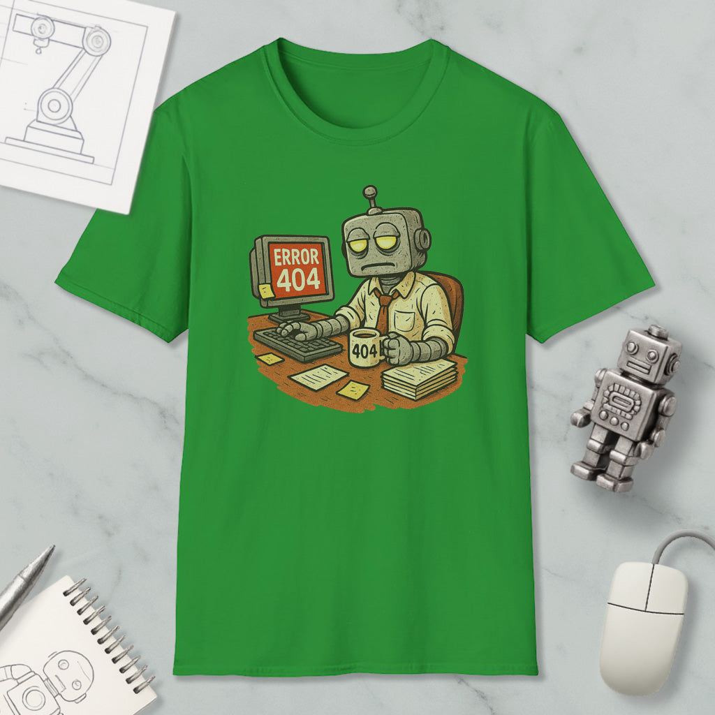 a green t-shirt with a cartoon robot sitting at a desk, working on a computer, and displaying an error message that reads " Error 404". The t-shirt is surrounded by various objects, including a computer mouse, a notebook, and a robot figurine.