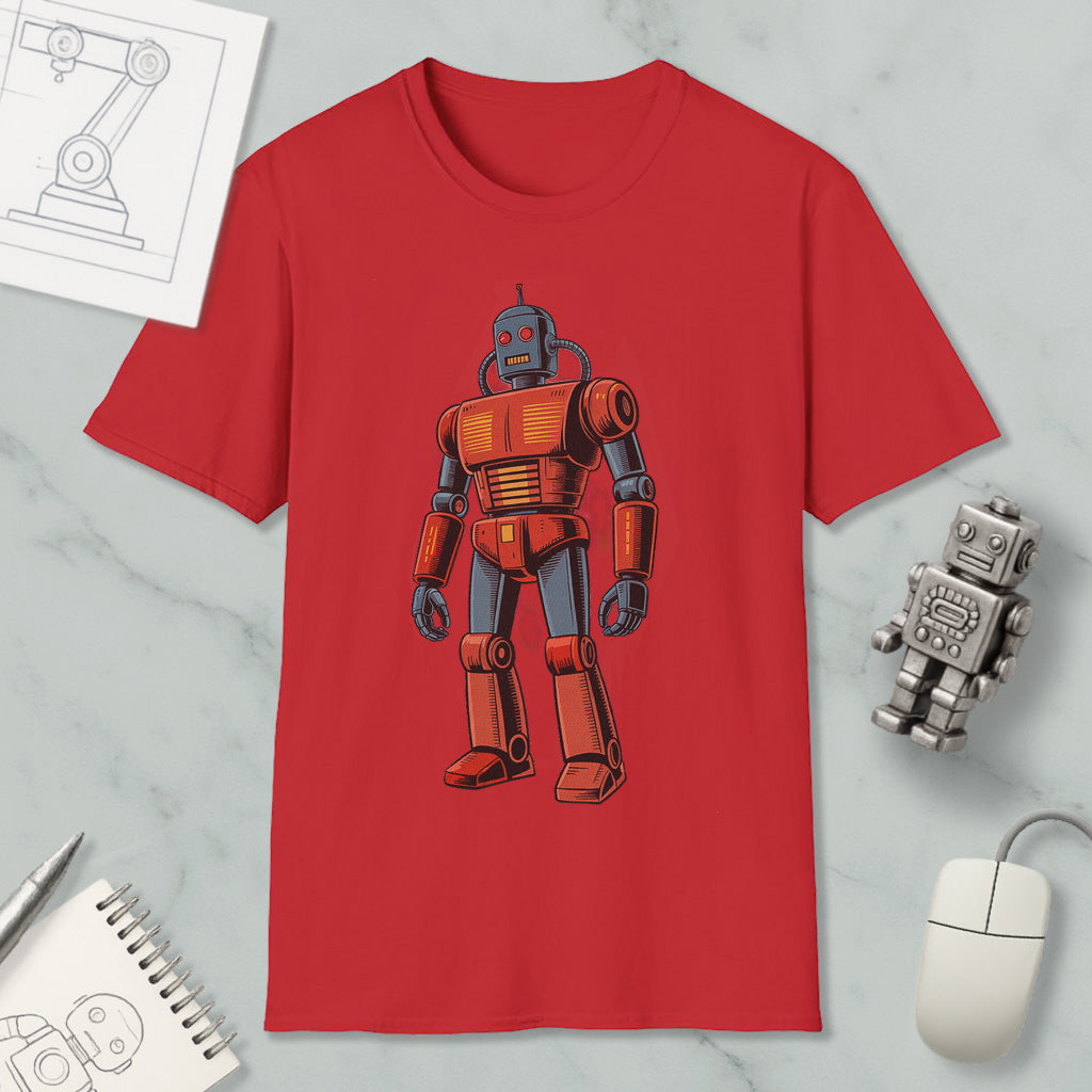 a red t-shirt with a robot graphic printed on it, along with various objects such as a computer mouse, a pen, and a notebook.