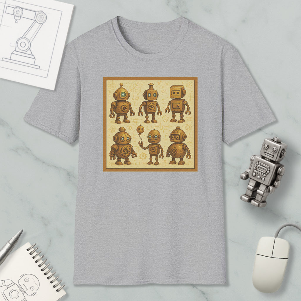 a gray t-shirt with a square design of six cartoon-like robots, each with unique features and poses. The t-shirt is displayed on a marble surface, along with a computer mouse, a notepad, and a pen.