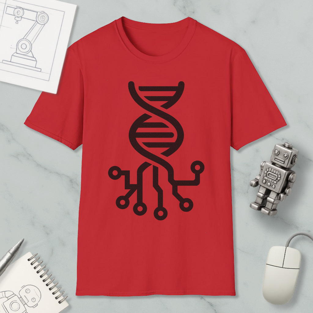 a red t-shirt with a black circuit board design, along with a computer mouse, a notebook, and a robot figurine.