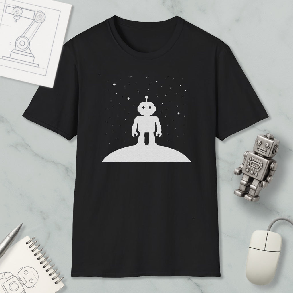 a black t-shirt with a white graphic of a robot standing on a planet, surrounded by stars. The t-shirt is placed on a marble surface, along with a computer mouse, a notebook, and a small robot figurine.