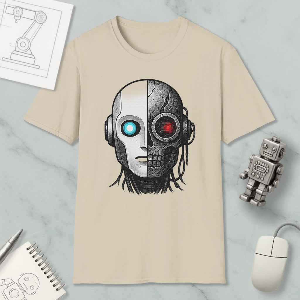 a beige t-shirt with a graphic design depicting a robot or cyborg head with a skull-like face, surrounded by various objects such as a computer mouse, a notebook, and a robot toy.