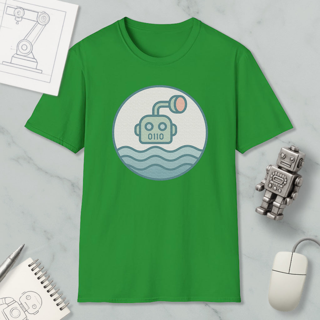 a green t-shirt with a graphic of a robot or submarine in the water, along with a computer mouse, a notebook, and a pen on a marble surface.