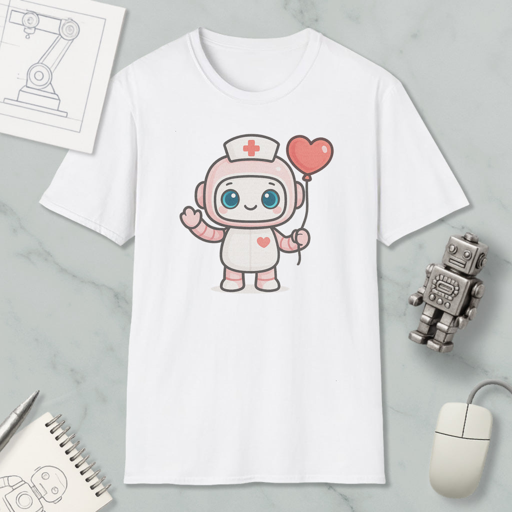 a white t-shirt with a cartoon character wearing a nurse's uniform and holding a heart-shaped balloon. The t-shirt is placed on a marble surface, surrounded by various objects such as a computer mouse, a notebook, and a robot.