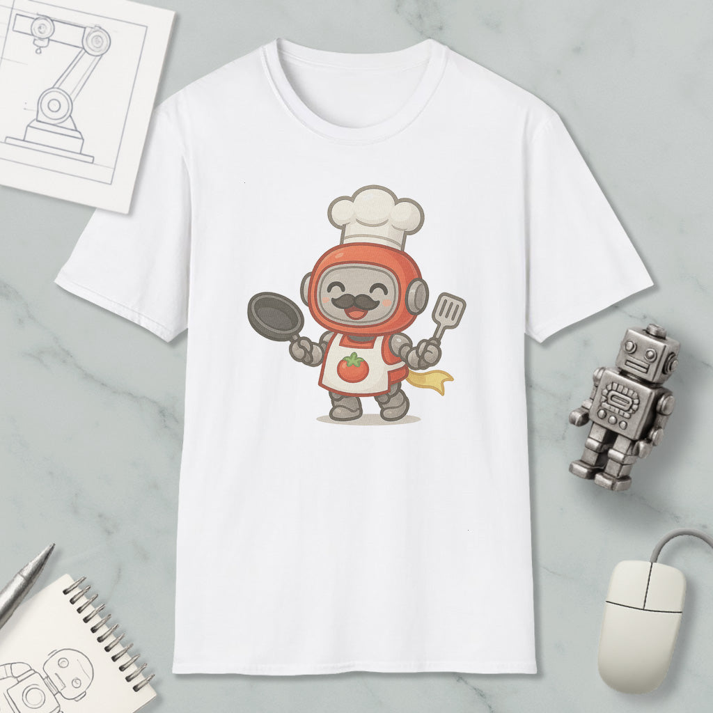 a white t-shirt with a cartoon illustration of a robot chef, holding a frying pan and a spatula, surrounded by various objects such as a computer mouse, a notebook, and a robot toy.
