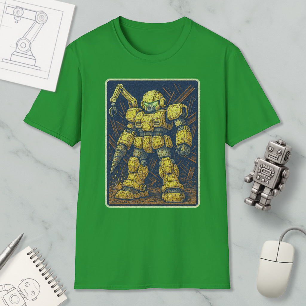 a green t-shirt with a graphic of a yellow robot or robot-like figure, along with various objects such as a computer mouse, a pen, and a notebook.