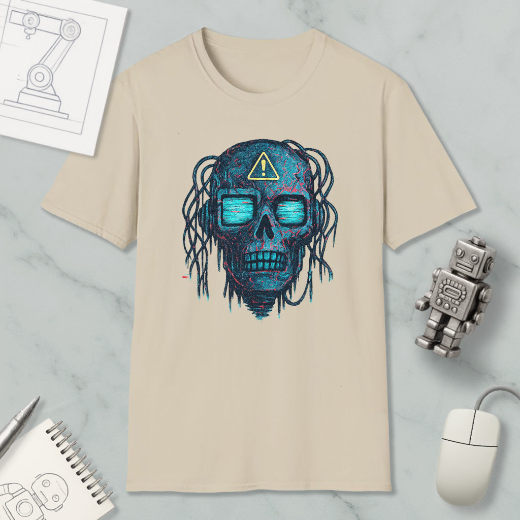 a beige t-shirt with a skull design, a robot, a computer mouse, and a notebook on a marble surface.