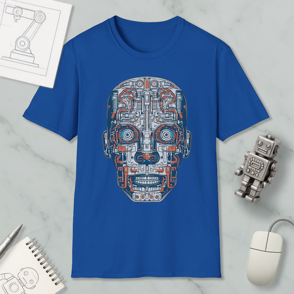 a blue t-shirt with a detailed robot or mechanical face design, along with various objects such as a computer mouse, a notebook, and a pen.