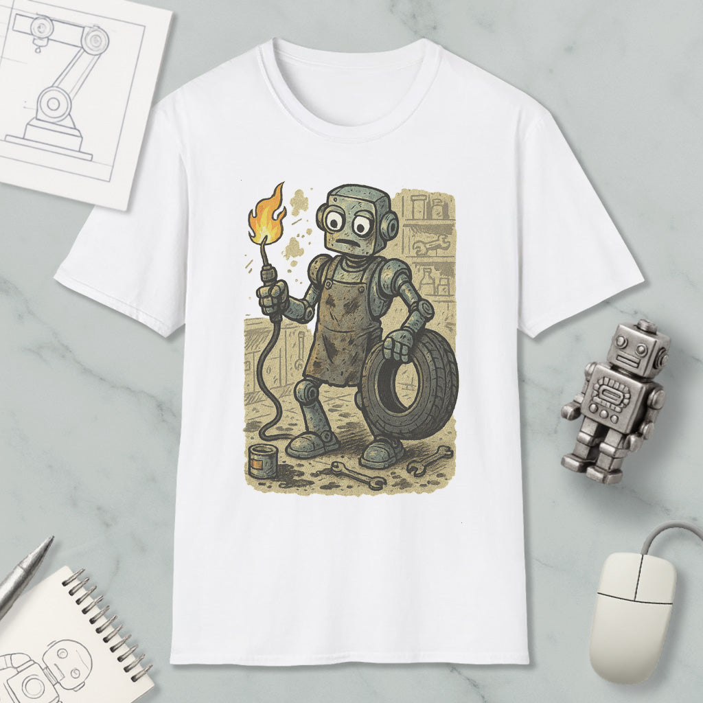 a white t-shirt with a cartoon illustration of a robot holding a fire extinguisher and a tire, surrounded by various objects such as a computer mouse, a notebook, and a pen.