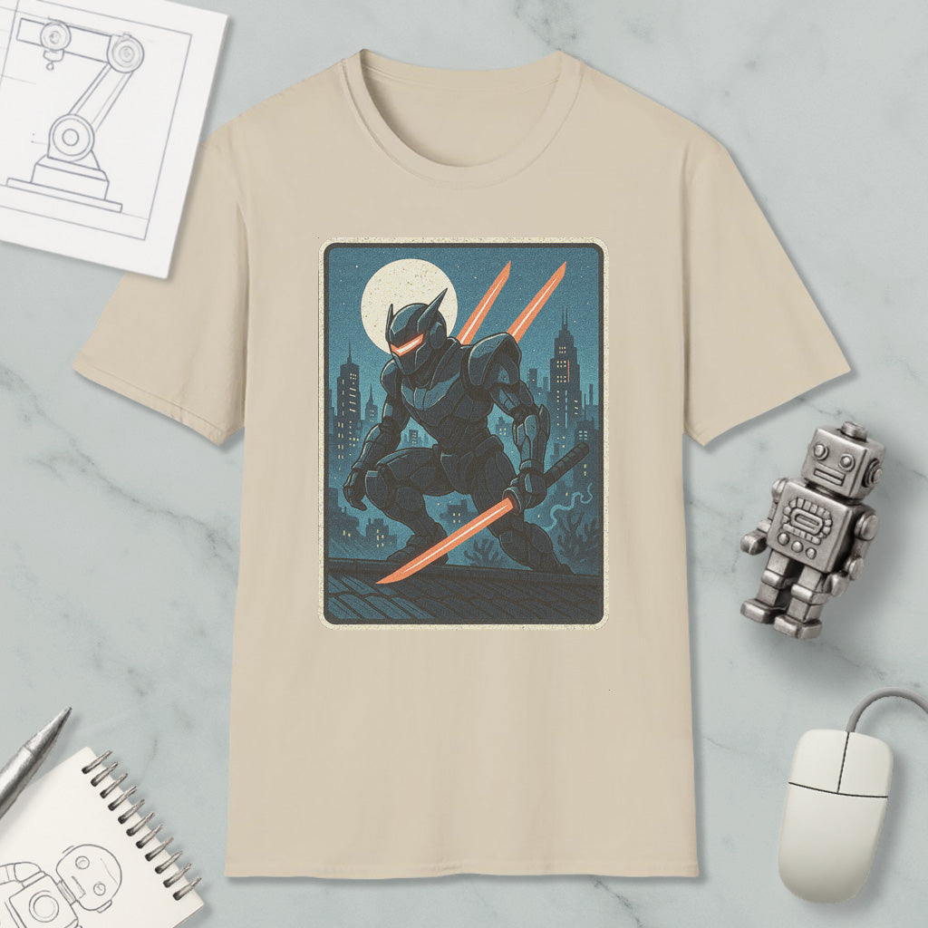 a t-shirt with a graphic design depicting a character wielding a sword and standing on a rooftop at night, with a full moon in the background.
