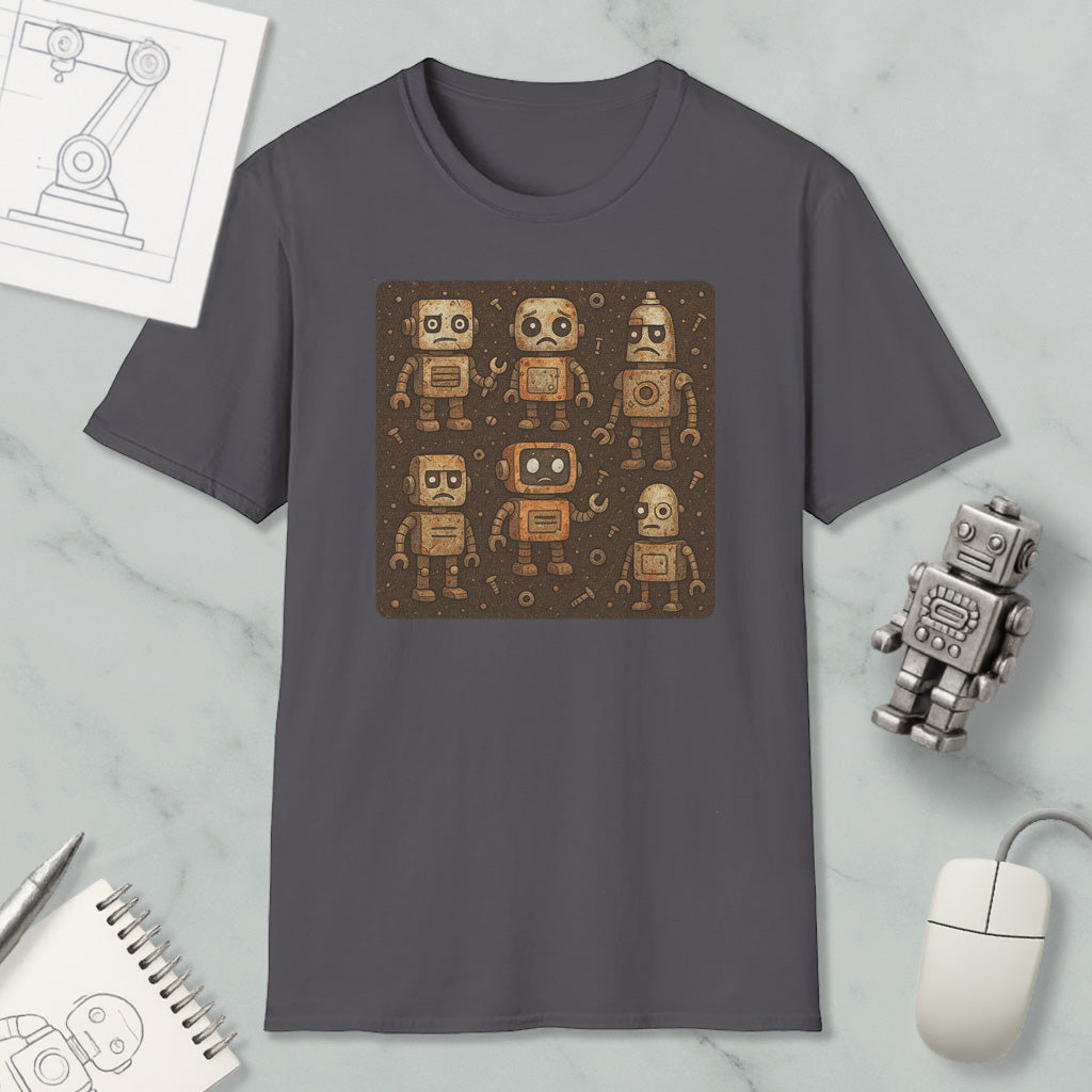 a gray t-shirt with a graphic design of six robot characters on it, along with a computer mouse and a notebook.
