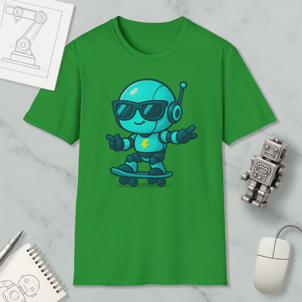 a green t-shirt with a cartoon robot riding a skateboard, accompanied by a computer mouse, a notebook, and a robot figurine.