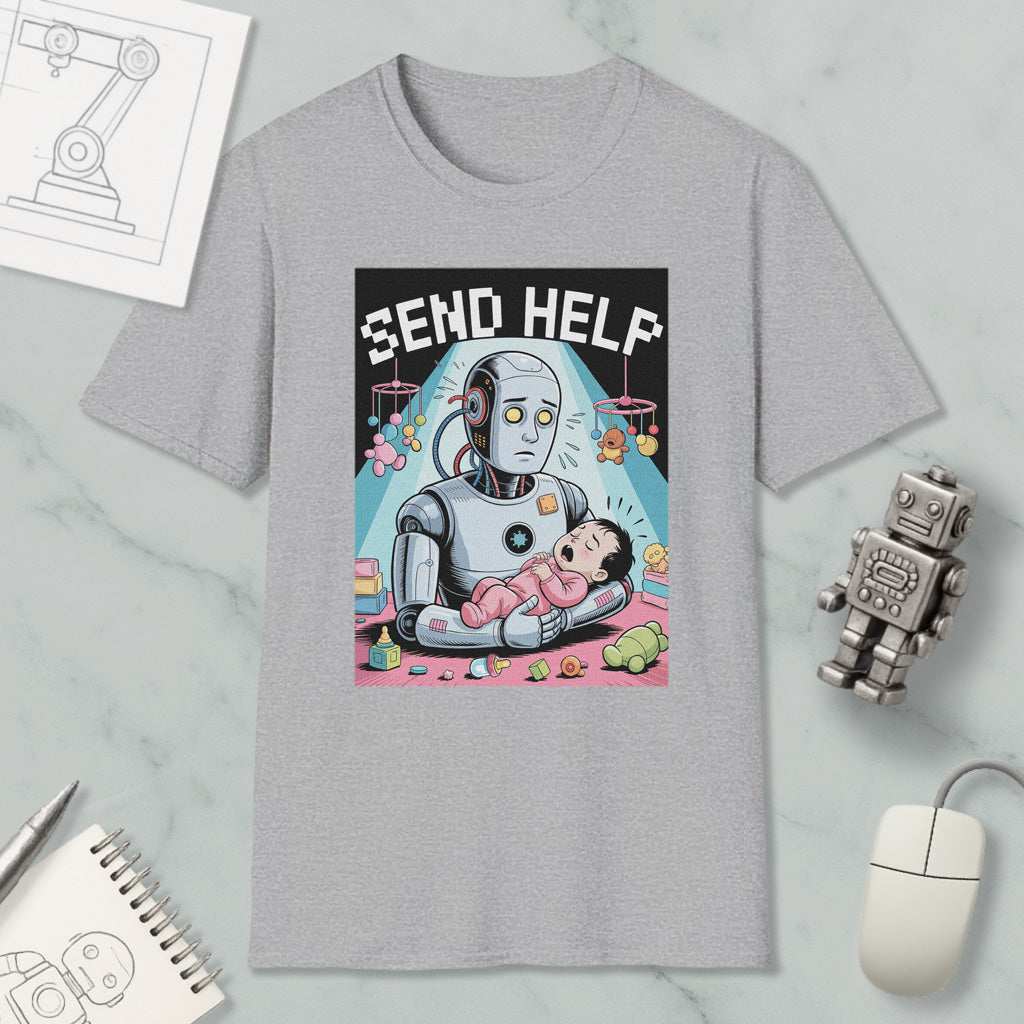 a gray t-shirt with a cartoon illustration of a robot holding a baby, surrounded by various objects such as a computer mouse, a robot, and a notepad.