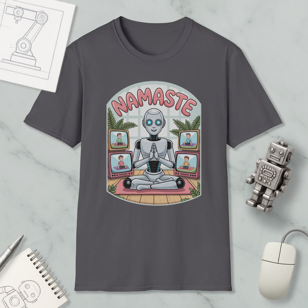 A t-shirt with a graphic design depicting a robot sitting in a meditative pose, surrounded by various images of people, with the word "NAMASTE" prominently displayed.