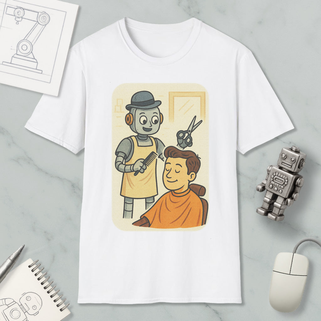 A white t-shirt with an illustration of a robot cutting a man's hair, accompanied by a computer mouse, a notebook, and a robot figurine.